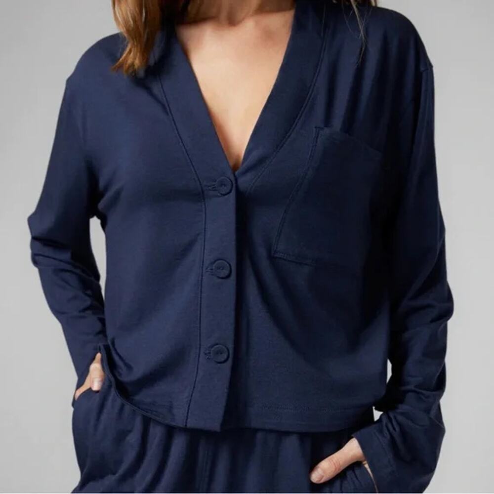 Lunya Slumberknit Top Deep Blue Button Front Cropped Organic Cotton SZ M